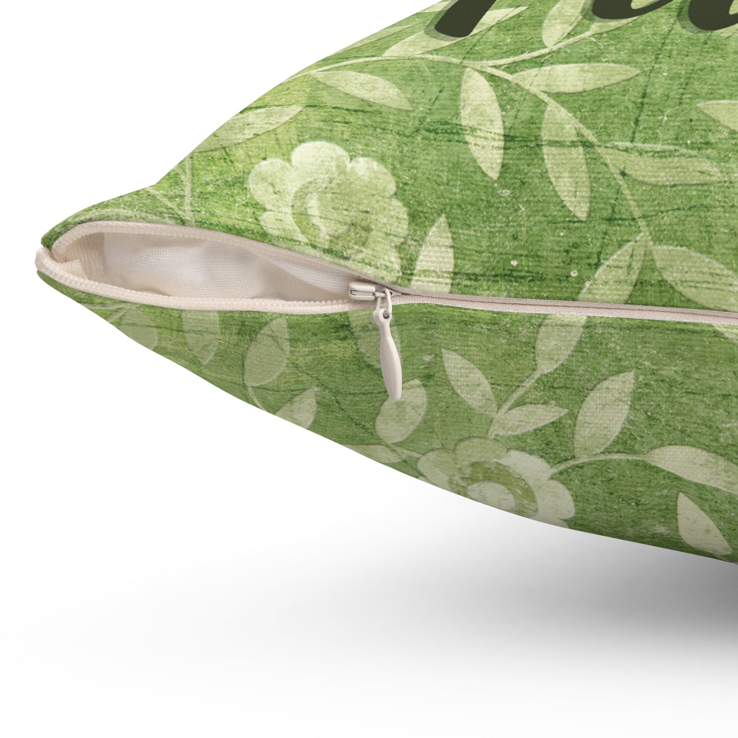 Sassy throw pillow that states: I don't give a Fuck pillow on green floral background