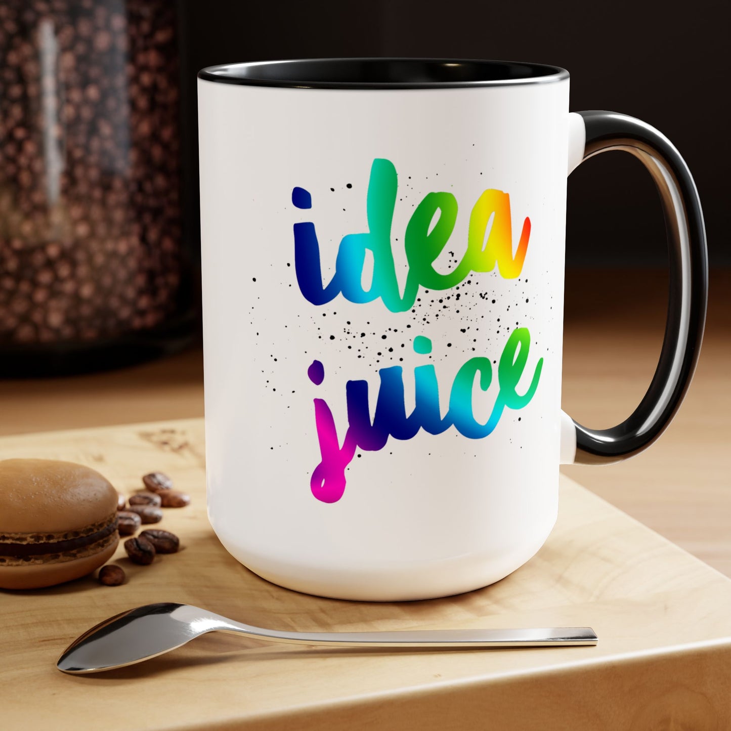 Cute Multi-colored Coffee Mug that says 'Idea Juice' 15oz