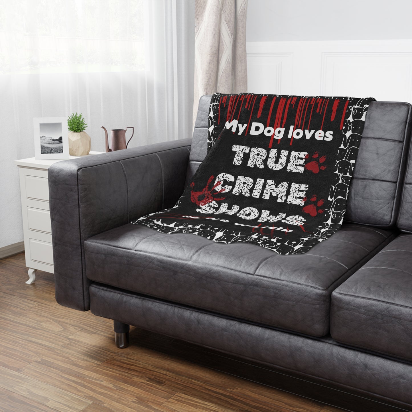 Funny blanket that says "My Dog Loves True Crime Shows" Minky Blanket