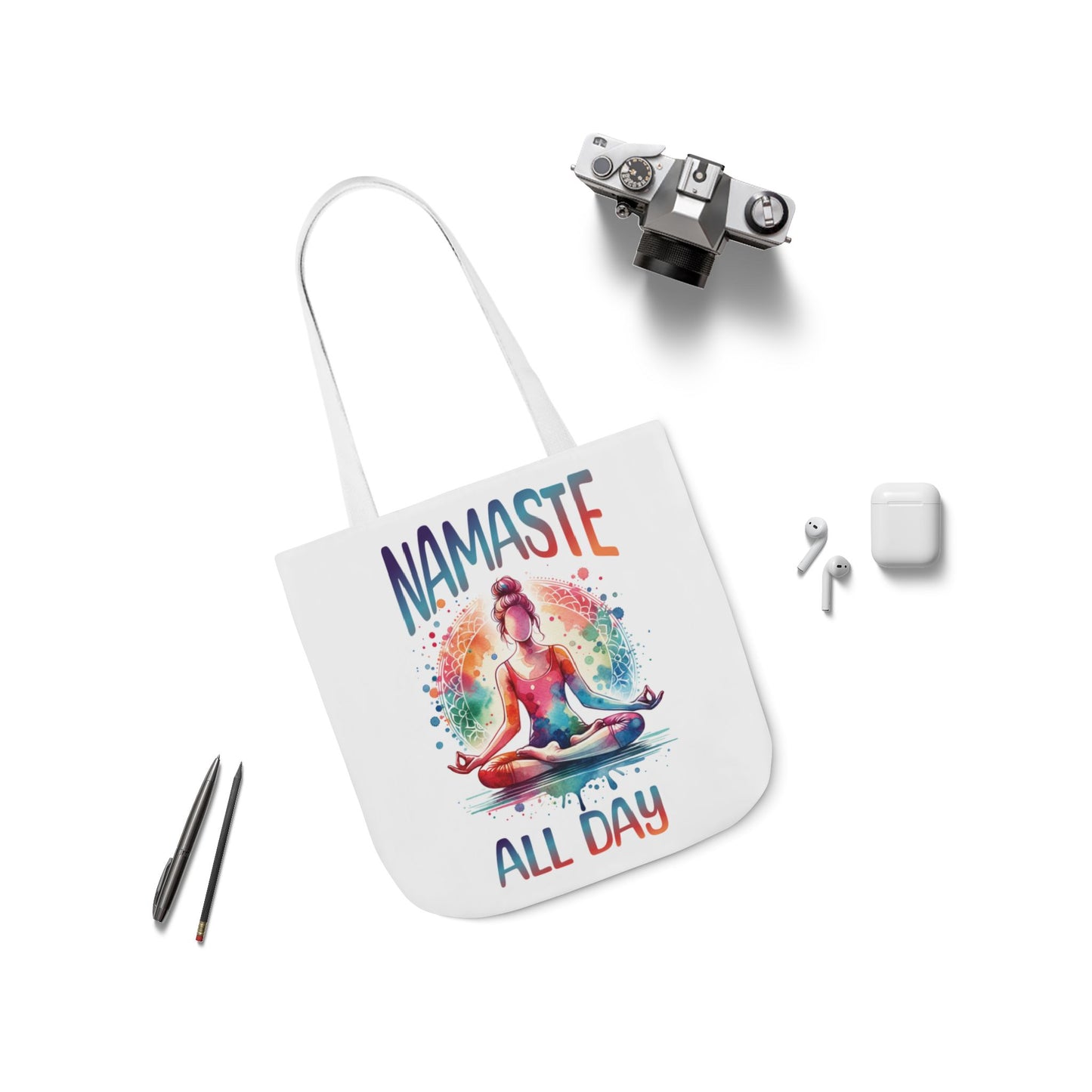 Namaste All Day – Colorful Watercolor Meditating Woman Canvas Tote Bag