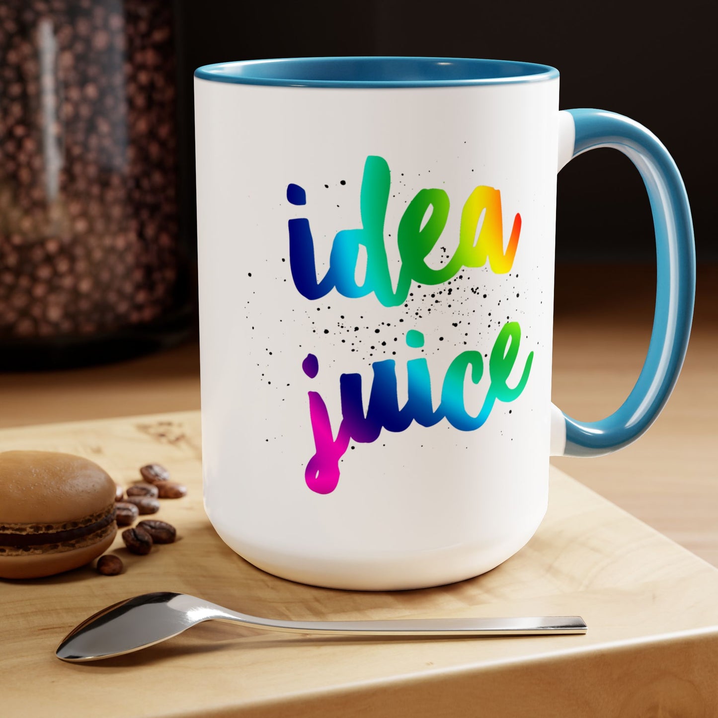 Cute Multi-colored Coffee Mug that says 'Idea Juice' 15oz