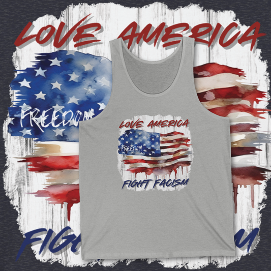 Patriotic Unisex Jersey Tank - Love America, Fight Fascism Freedom Tank